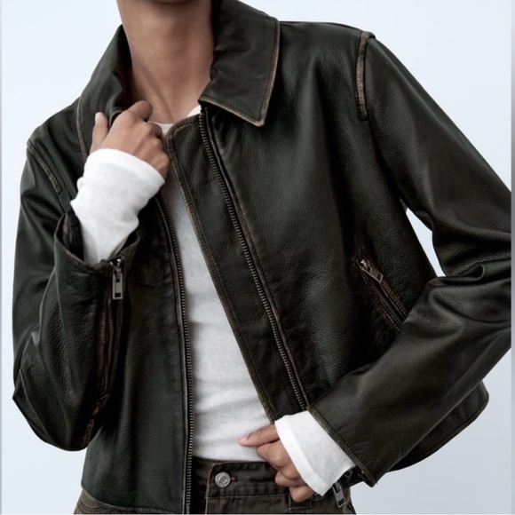 ~ SOLD 📦 New!! ZARA Distressed Cropped Genuine Leather Jacket - Picture 3 of 10